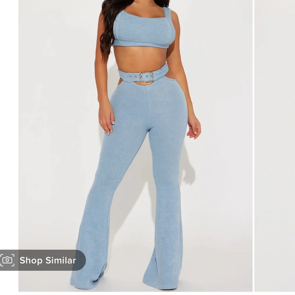 Fashion Nova Light Blue Ribbed Cutout Boot Flare Pants - Picture 1 of 5